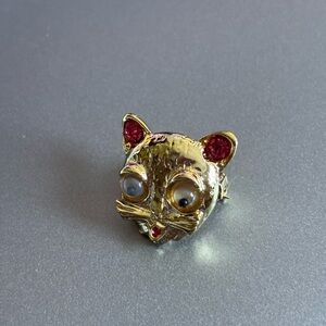 Gold Cat Brooch with Pink Accents and Googley Eyes